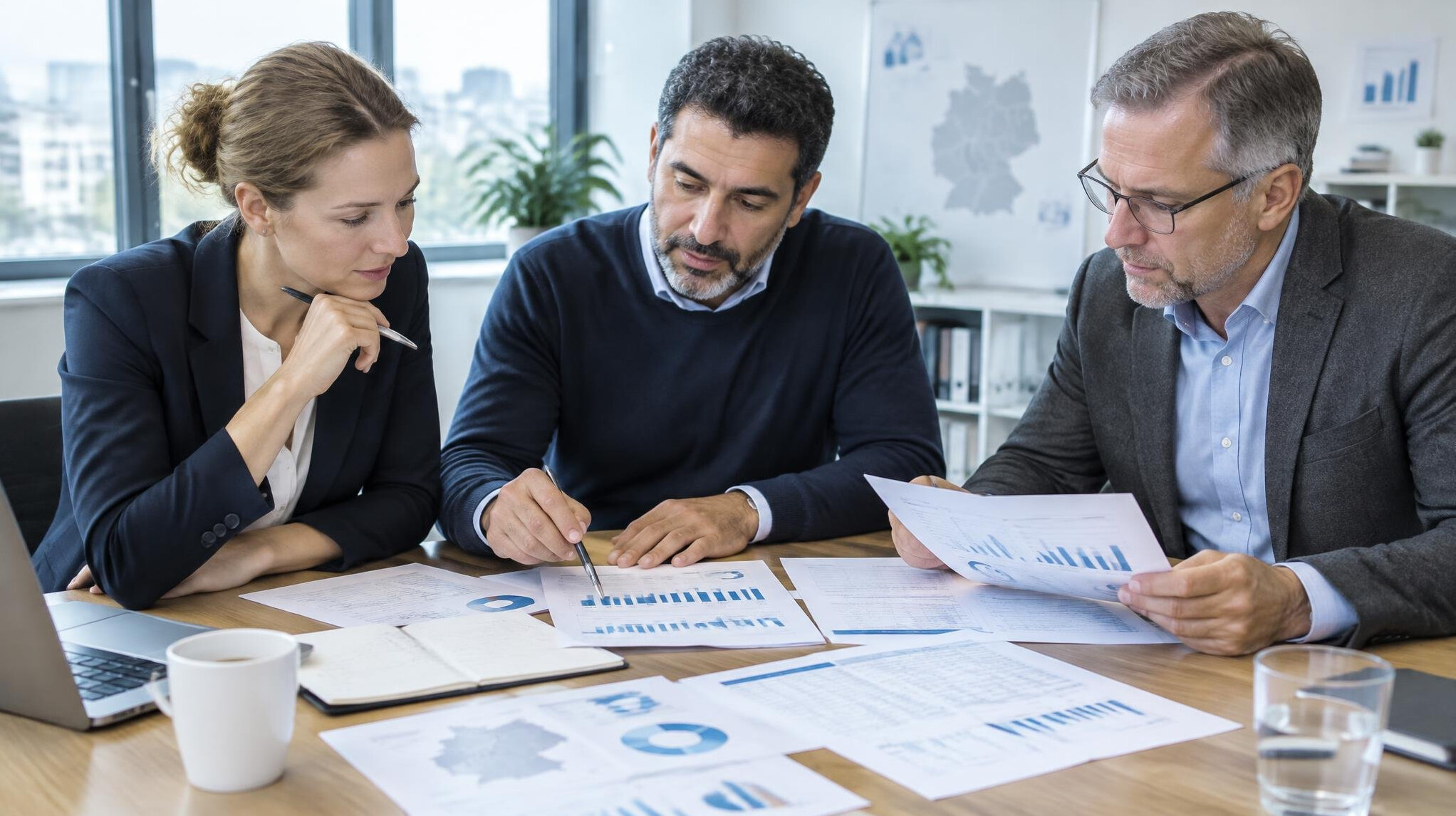Researchers analyzing survey data and charts on a desk
