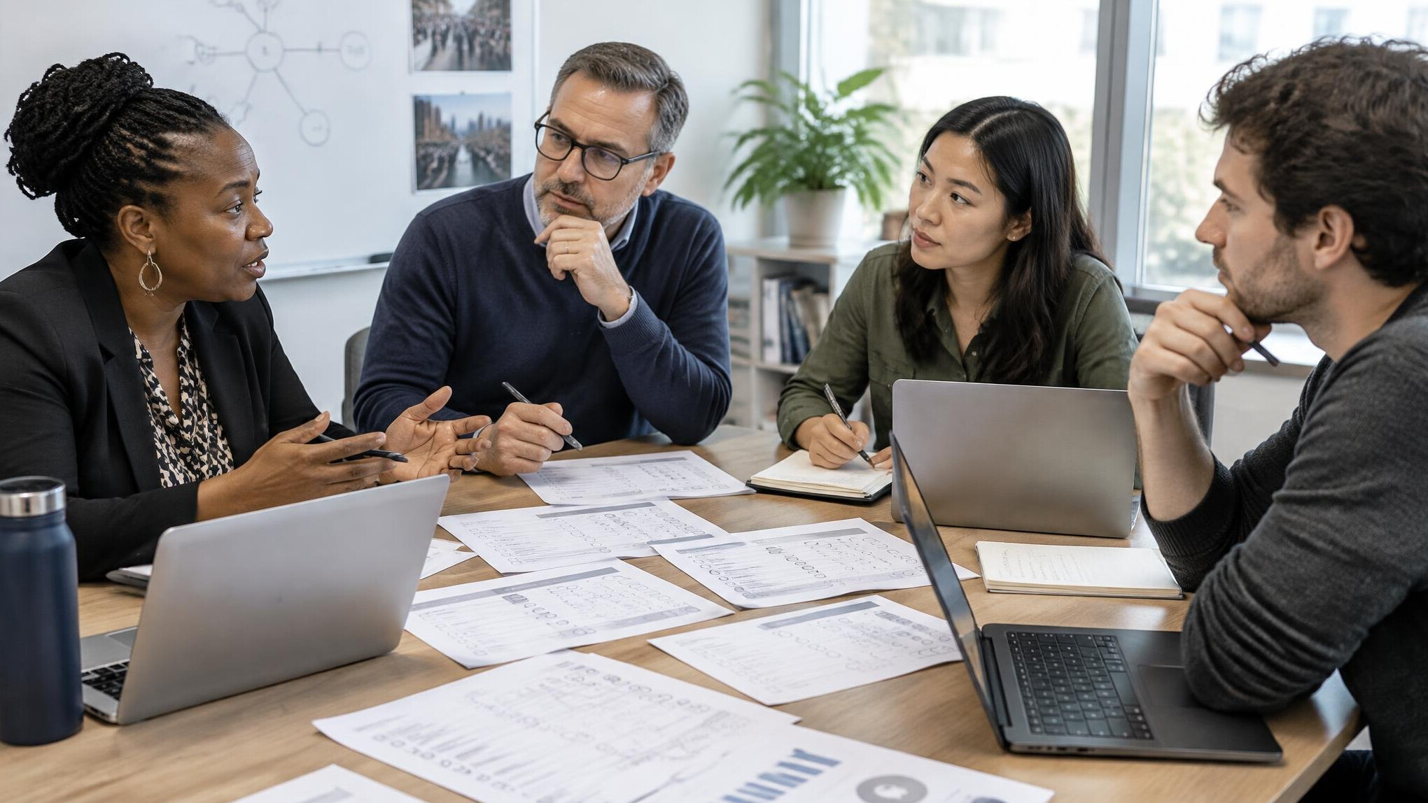 Research team discussing survey methodology around a table