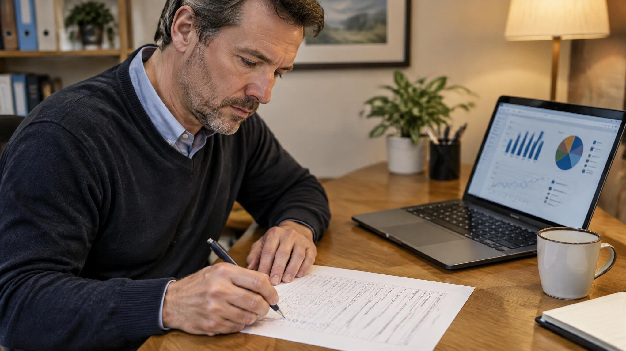 Researcher annotating a printed questionnaire at a desk